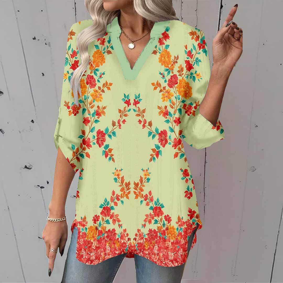 Women Floral, Green, Red DZGA0172 3/4 Sleeve V-neck Printed Graphic Button Tops