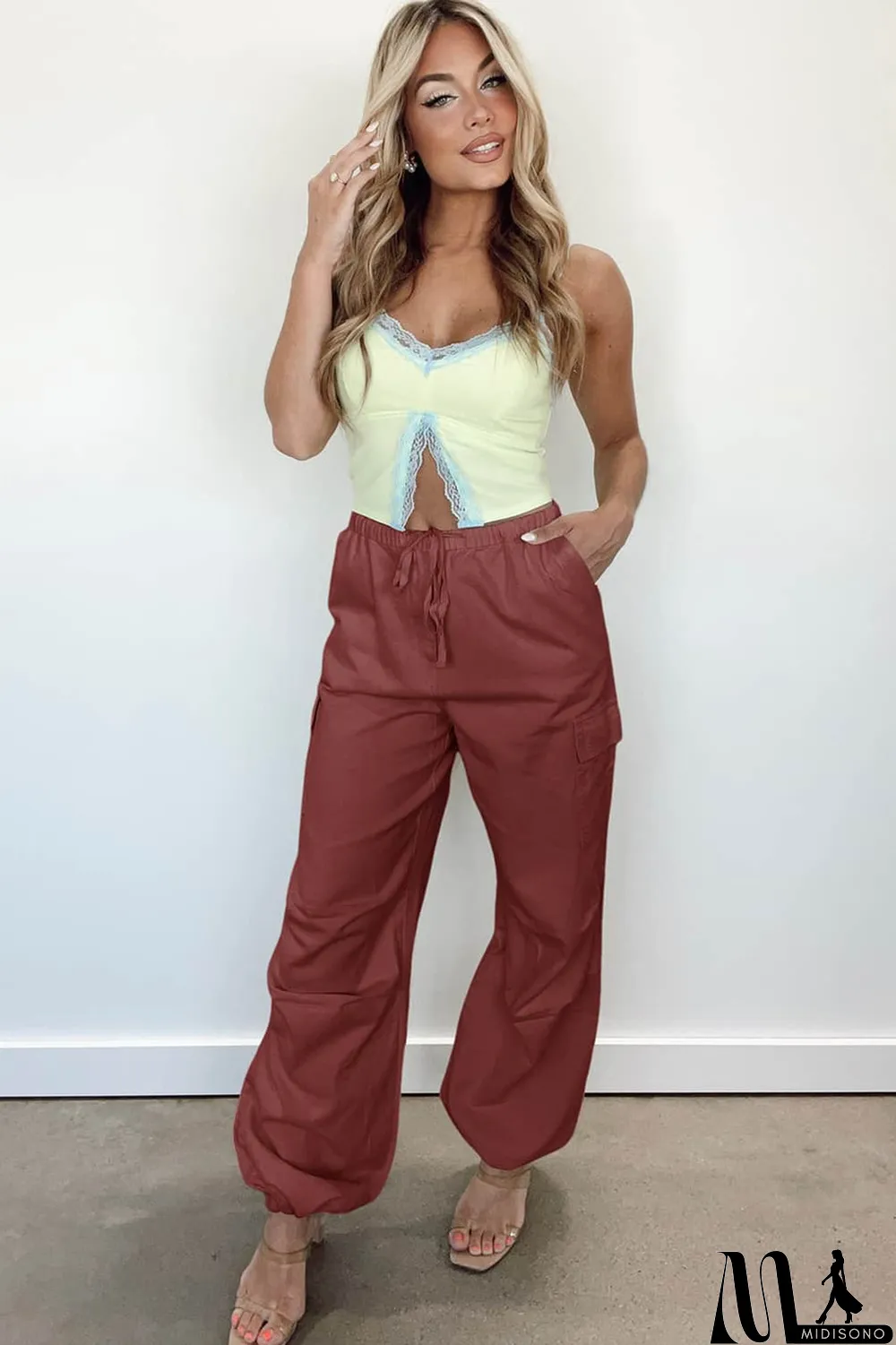 MidiSono - Mineral Red Solid Color Drawstring Waist Wide Leg Cargo Pants