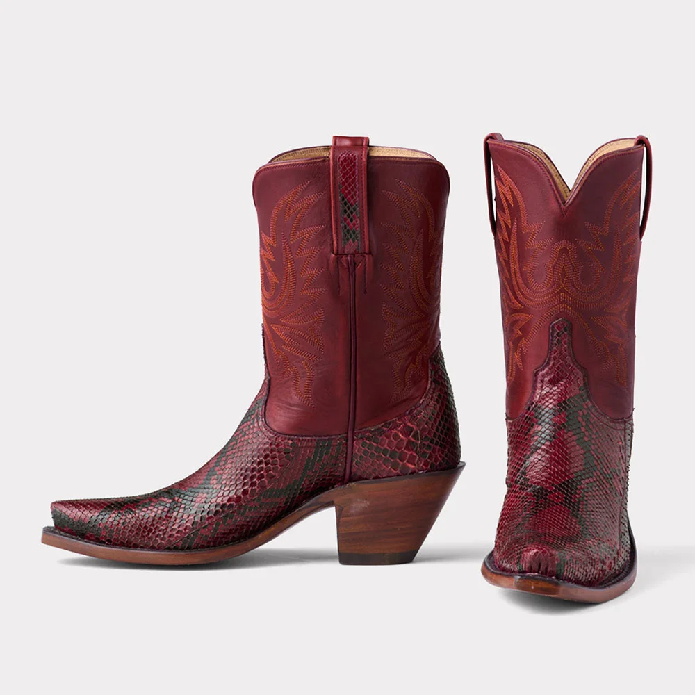 Burgundy Snip Toe Python Embossed Stitching Western Mid-Calf Boots
