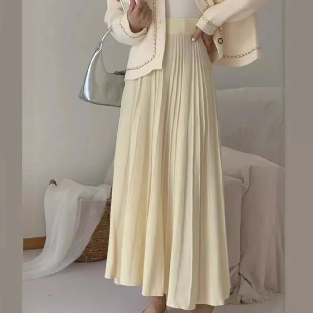 Toloer Toloer And Winter Loose Cover Meat Show Thin White Knit Skirt Female Pleated Skirt Lazy Casual Long Skirt Big Skirt-Outfit Ideas