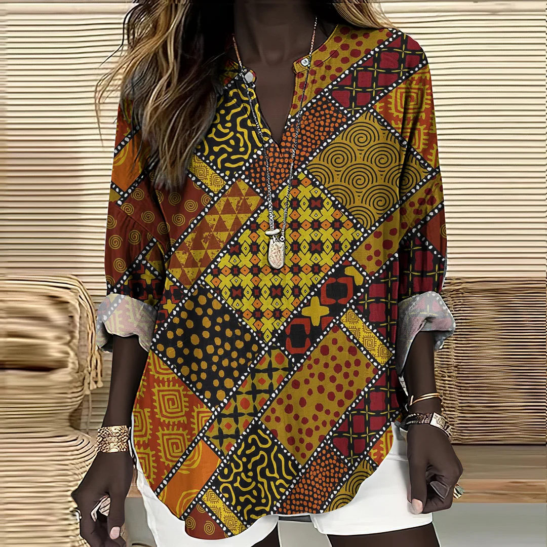 African Art Print V-neck Linen Blend Blouse