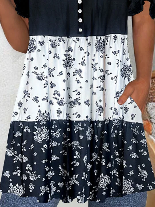 Women's Short Sleeve V-neck Graphic Lace-up Buttons Tops