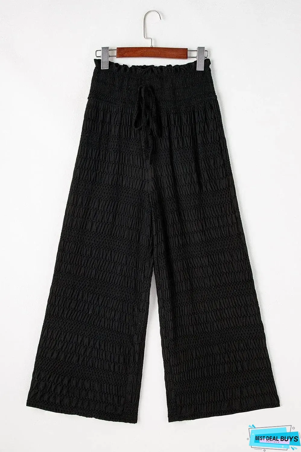 Black Textured Wide Smocked Waist Loose Pants