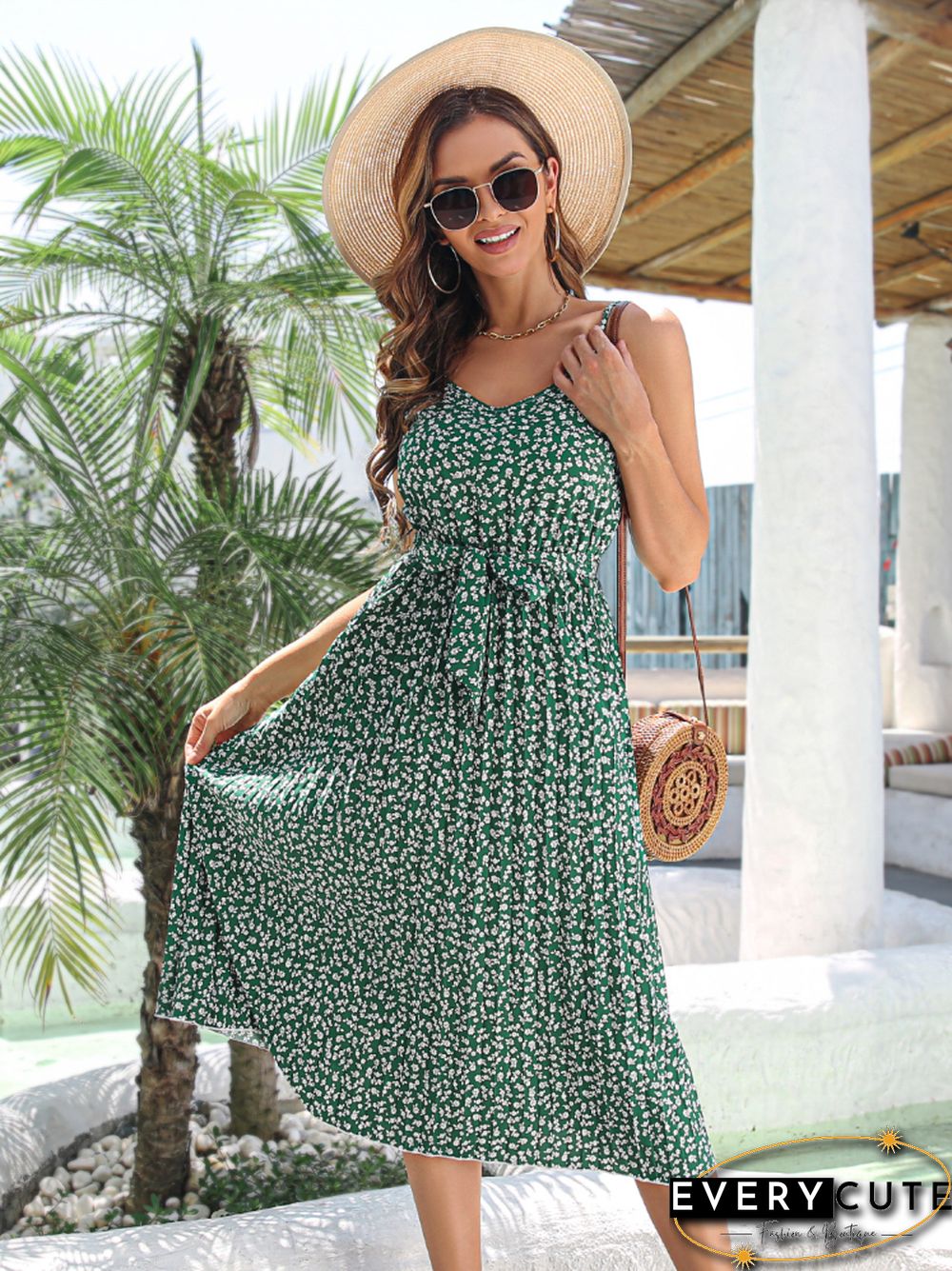 New Spring And Summer Casual Floral Dress Lace Up Medium Length Large Pleated Skirt Fashion Holiday Casual Women's Wear Dress