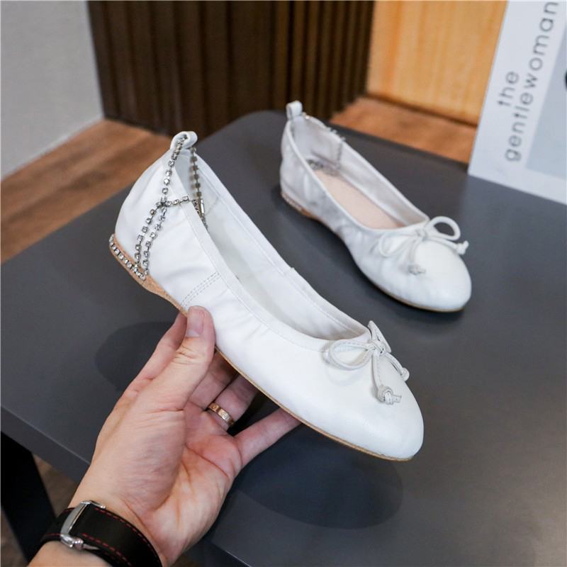 VCSHOES Rhinestone Chains Tassel Soft Ballet Flats Shoes Genuine Leather Round Toe Comfortable Casual Shoes Bowtie Shollow Single Shoes