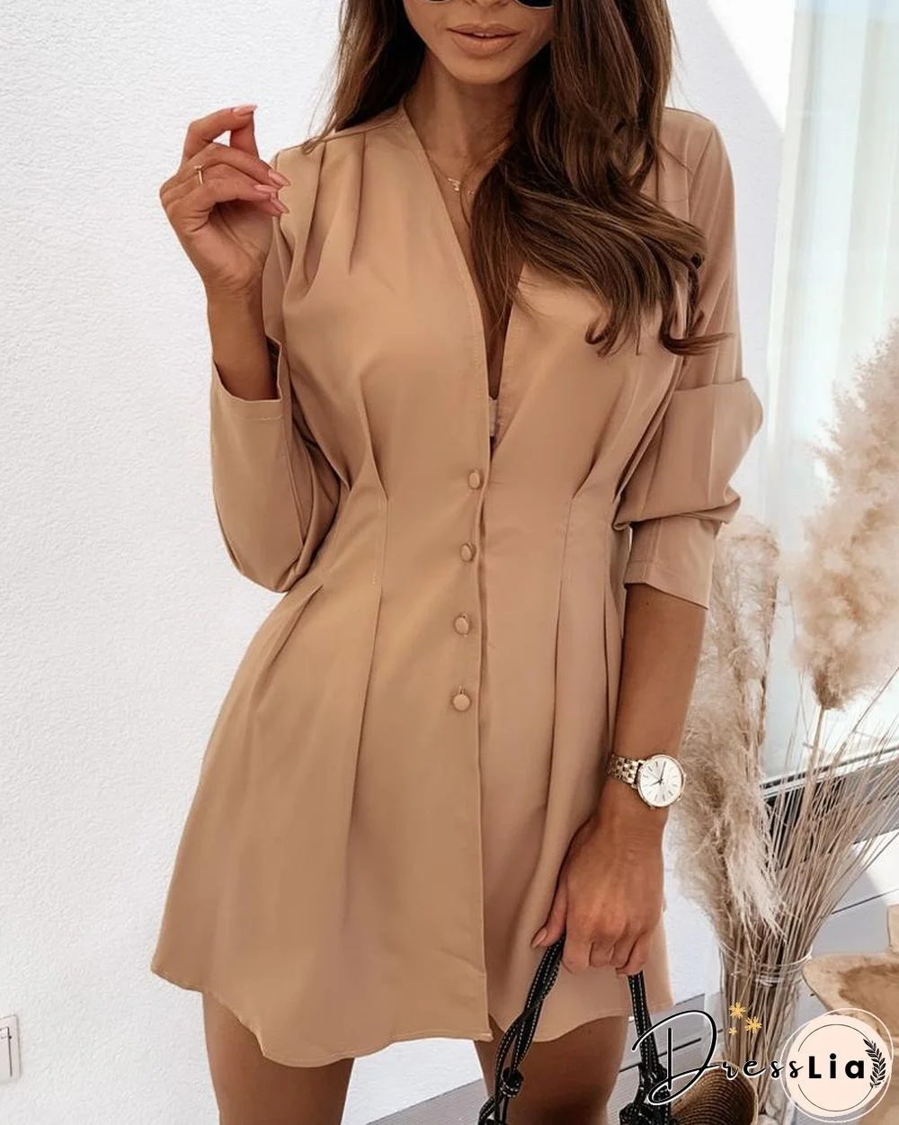 Solid Color Long Sleeve Dress P15005