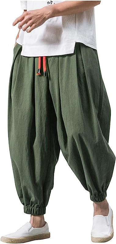 Men Baggy Hippie Boho Yoga Harem Pants Cotton Linen Loose Stretchy Waist Casual Pockets Ankle Length Pants