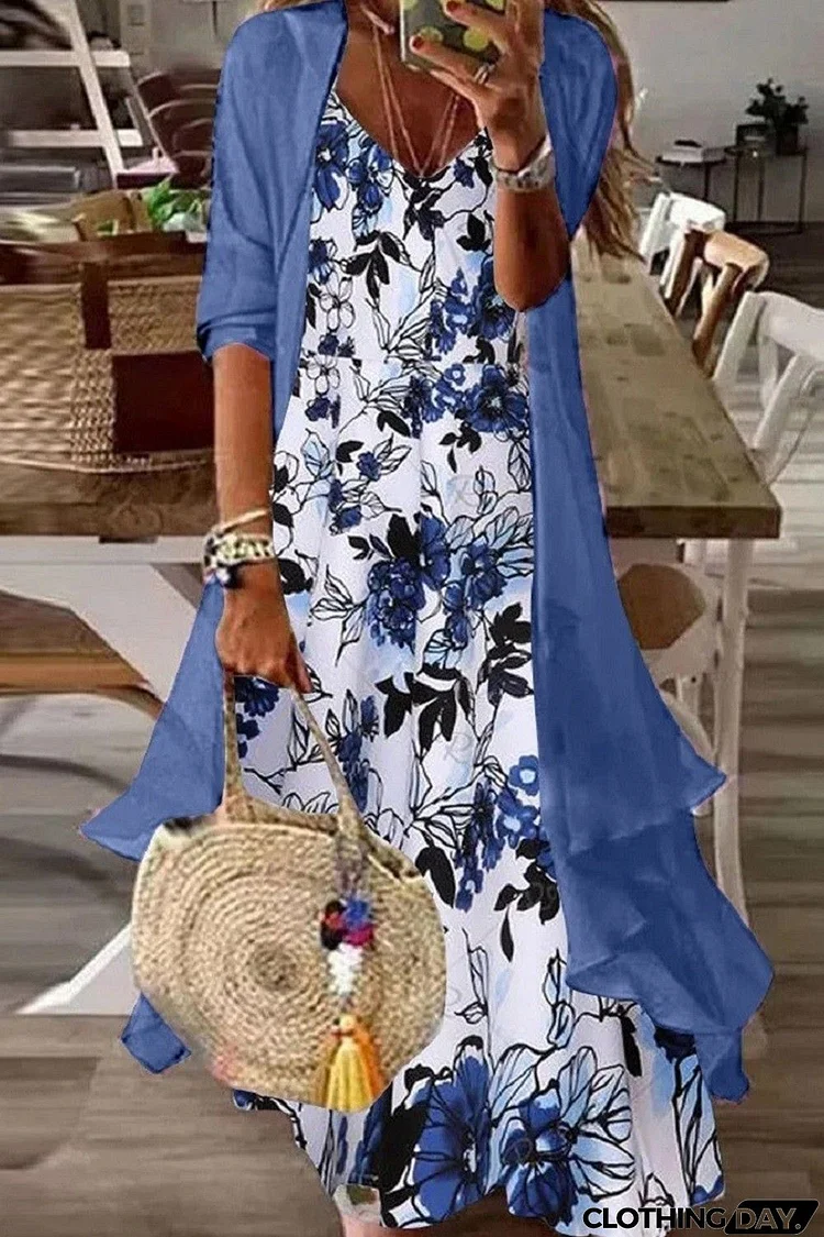 Long Sleeves V-neck Floral Print Two-Piece Midi Dress