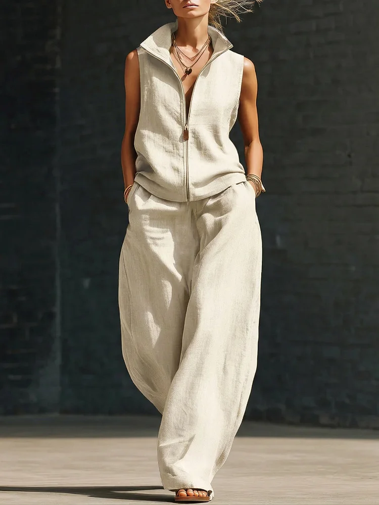 Stylish Stand-up Collar Zipper Linen Cotton Two-piece Set