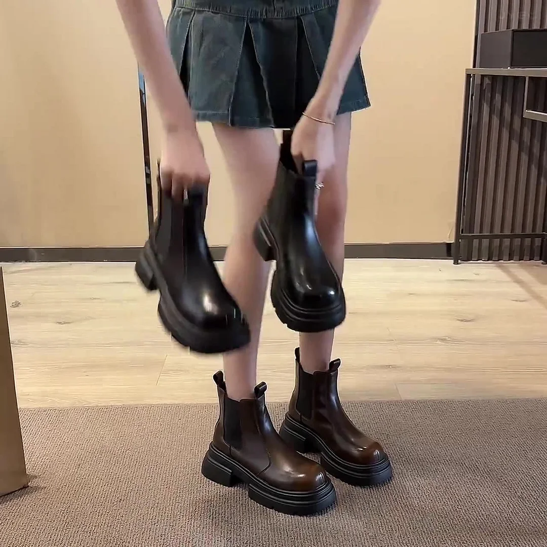 Yyvonne Real Soft Leather Chelsea Short Boots Fall 2024 New British Chimney Boots Muffin Thick-Soled Martin Boots