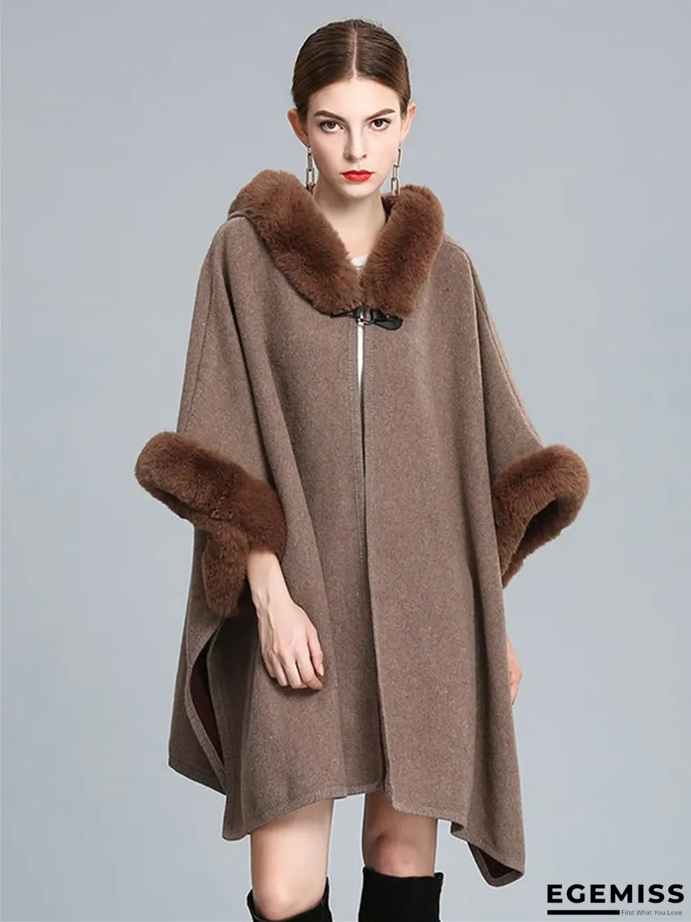 Autumn and Winter Fur Collar Hooded Shawl Cloak Large Size Woolen Coat Loose Cardigan Women | EGEMISS