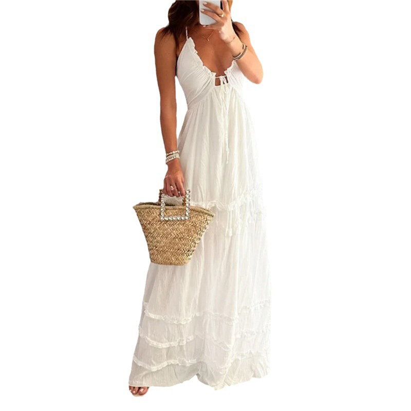 Krillerbot Lamuusaa Beach Dress Summer Women Solid Color Spaghetti Strap Sleeveless Backless Ruffle Long Dresses Holiday Party Dresses