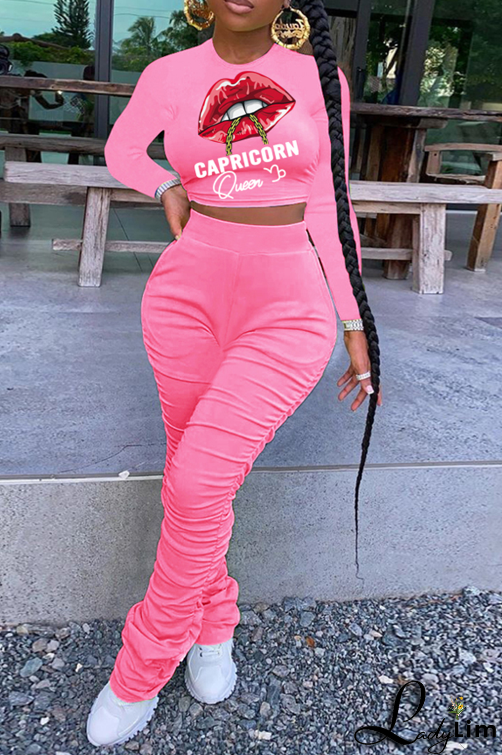 Green Fashion Lips Printed Patchwork O Neck Long Sleeve Two Pieces