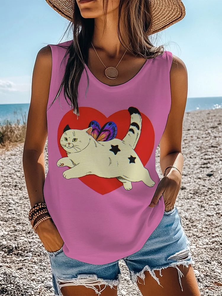 Women's Cat Butterfly Wings Heart Art Print Casual Tank Top
