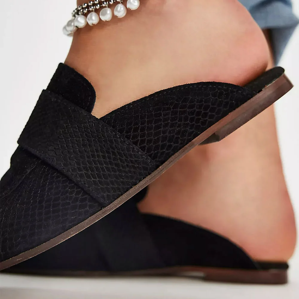 YDN Black Square Toe Snakeskin Embossed Loafer Mules for Women