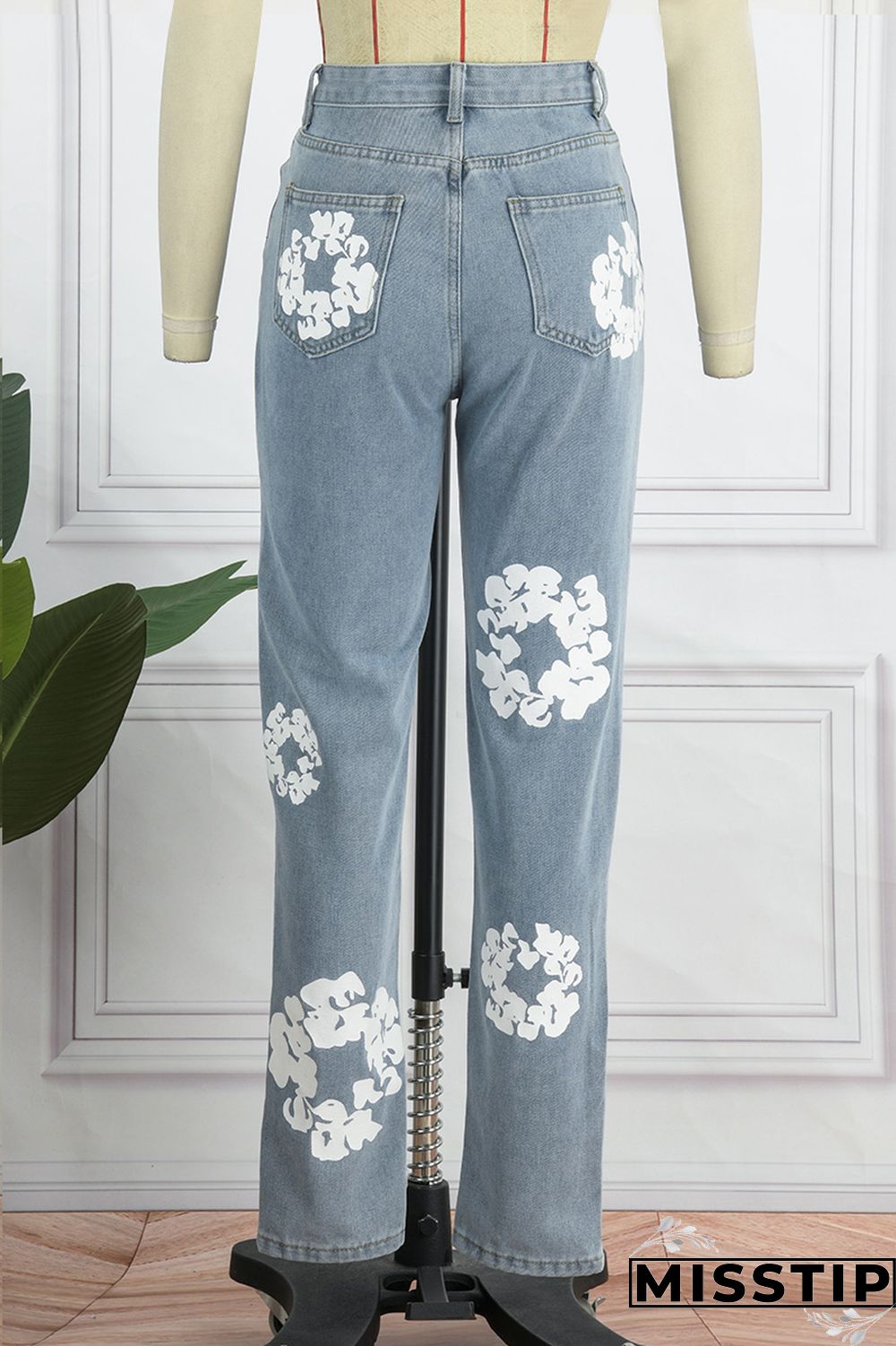 Blue Casual Print Patchwork High Waist Regular Denim Jeans