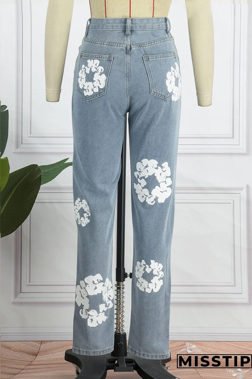 Blue Casual Print Patchwork High Waist Regular Denim Jeans