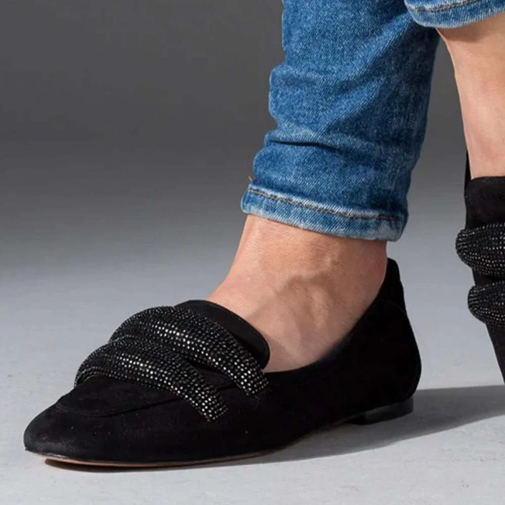 Black Almond Toe Suede Flats Casual Flat Loafers For Commuting Nicepairs