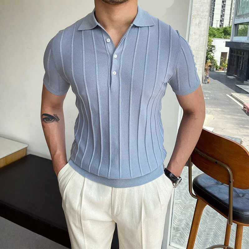 Casual Solid Knitted Lapel Gentleman Polo Shirt