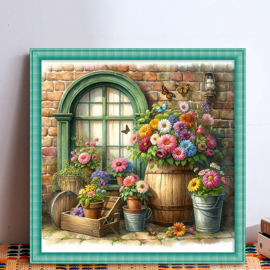 Flowers By The Window Full 11CT DIY Stamped Cross Stitch Kits 40x40cm for Adults