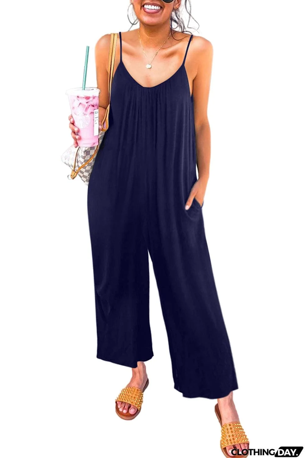 Spaghetti Straps Wide Leg Pocketed Jumpsuits