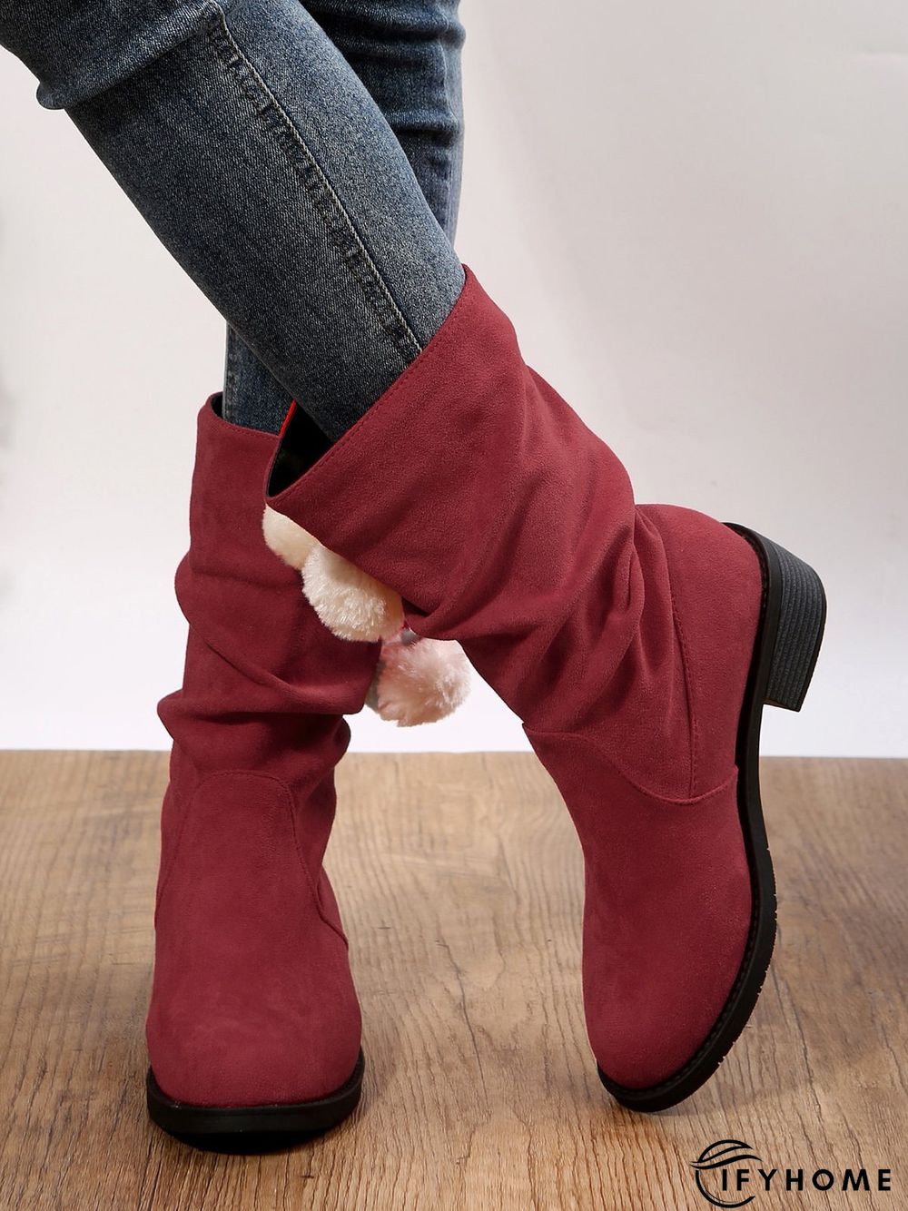 Christmas Pompom Decor Faux Suede Slouchy Boots | IFYHOME