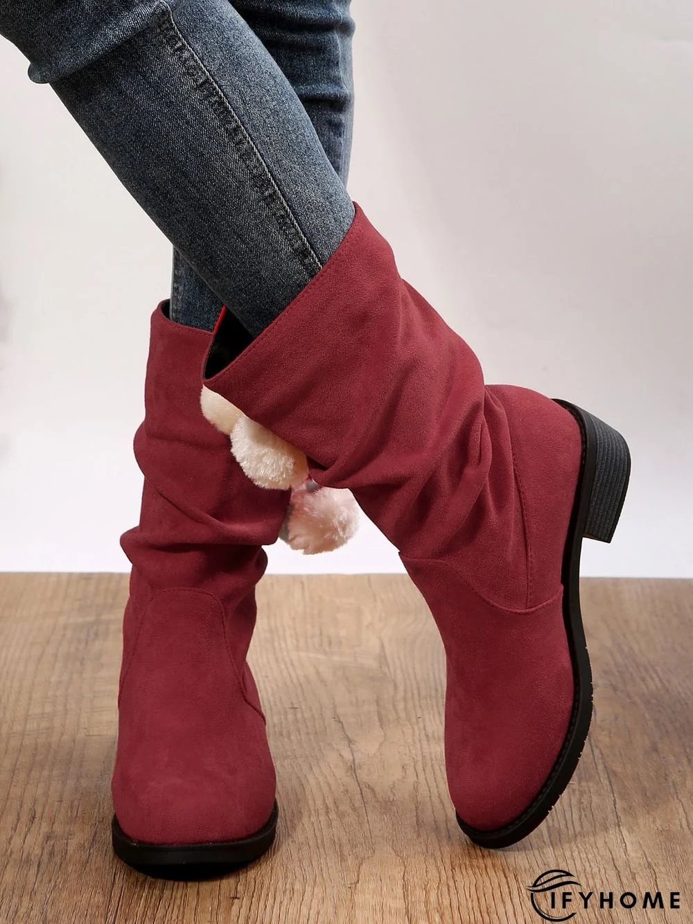 Christmas Pompom Decor Faux Suede Slouchy Boots | IFYHOME