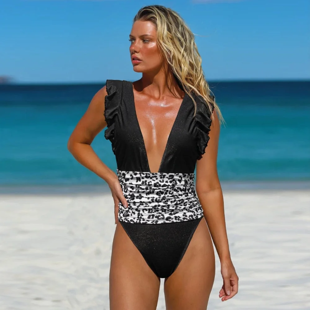 2022 New Push Up Print Floral Swimwear Women V-Neck Ruffle One Piece Flounce Swimsuit Beach Wear Bathing Suits Backless Monokini