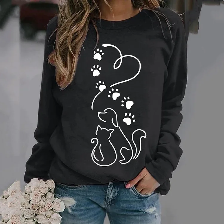 Paws Heart Print Long Sleeve Casual Sweatshirt