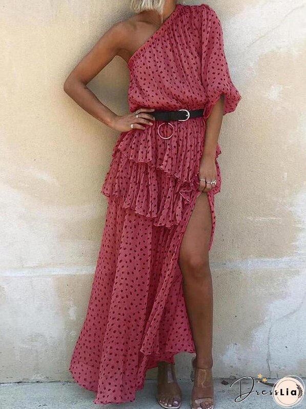 Women's Dresses Polka Dot Print Sloping Shoulder Split Chiffon Dress