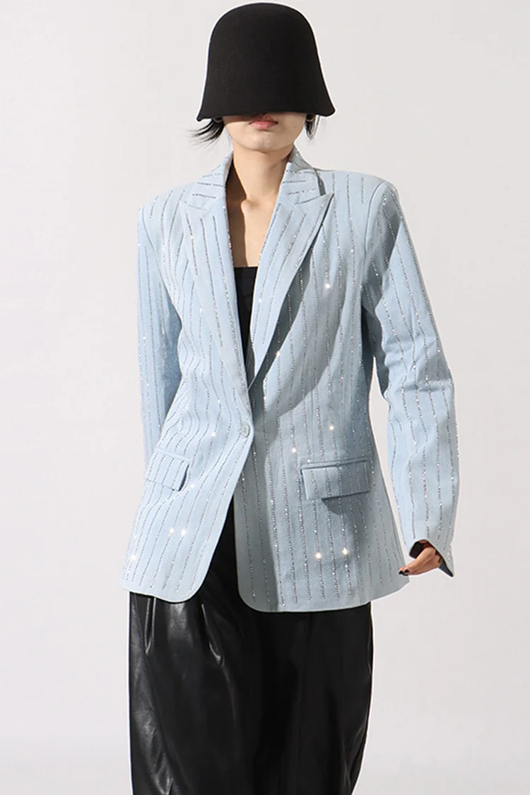 Rhinestone Peaked Lapel One Button Blazer-Light Blue