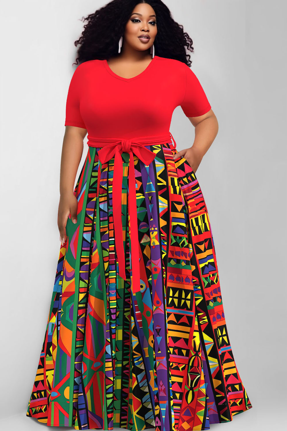 Design Plus Size Daily Red V Neck Lace Up Ankara Maxi Dresses [Pre-Order]