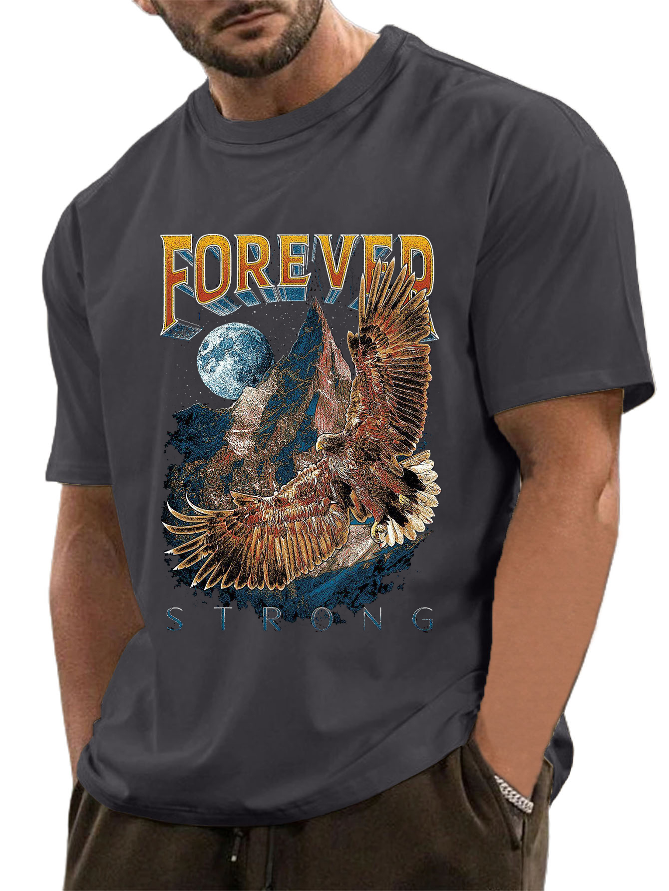 Men's 160g Cotton Eagle Print Vintage Short Sleeve T-Shirt