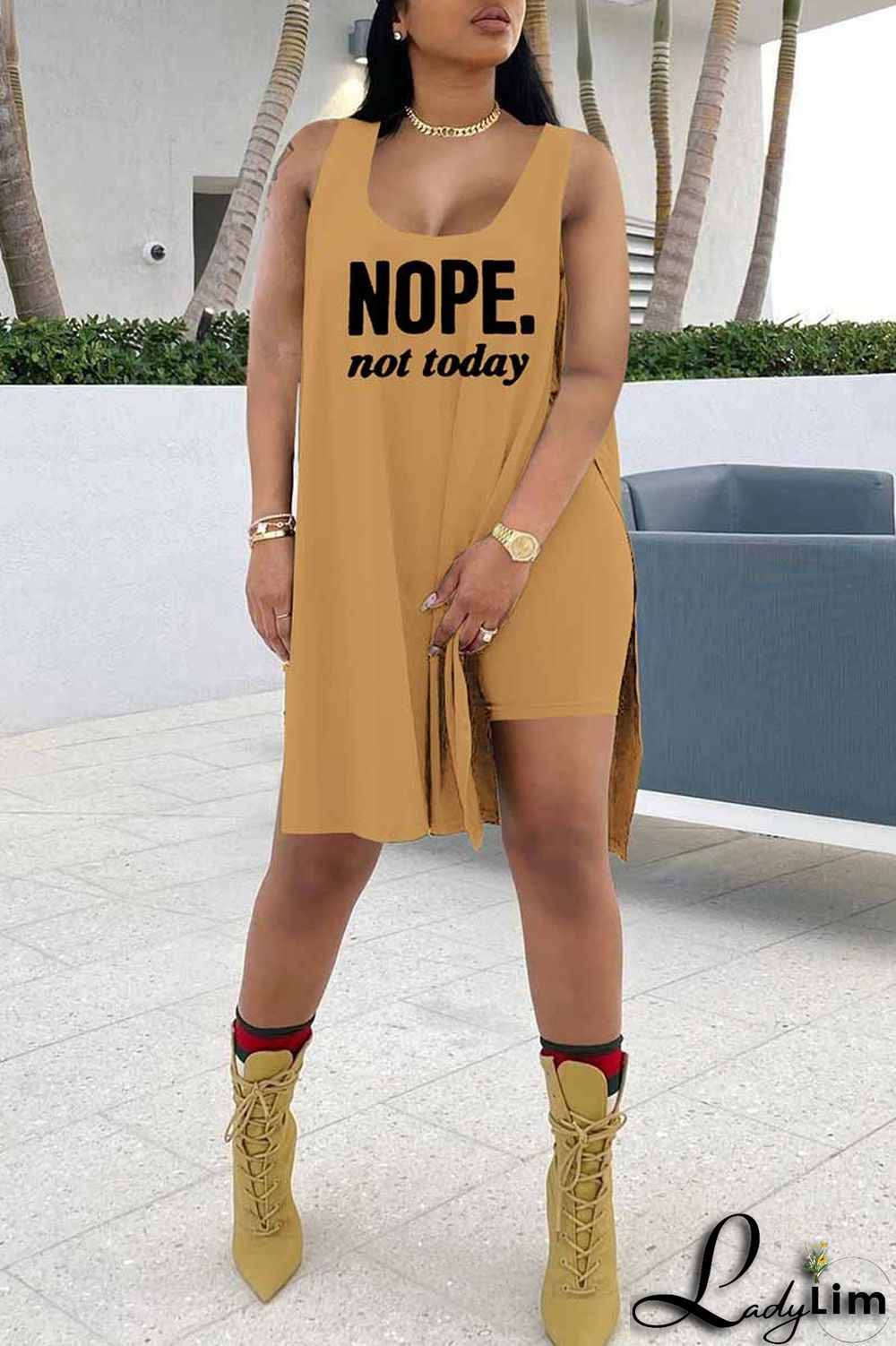 Red Fashion Casual Letter Print Slit U Neck Sleeveless Two Pieces