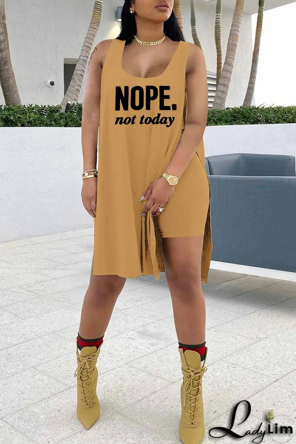 Red Fashion Casual Letter Print Slit U Neck Sleeveless Two Pieces