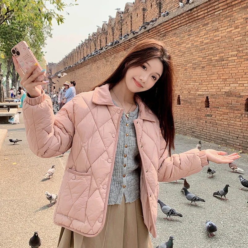 Toloer Simple Small Fragrant Wind Diamond Lapel Cotton Coat Female Layer Sense Short Small Loose Lapel Cotton Jacket With Cotton Coat-Outfit Ideas