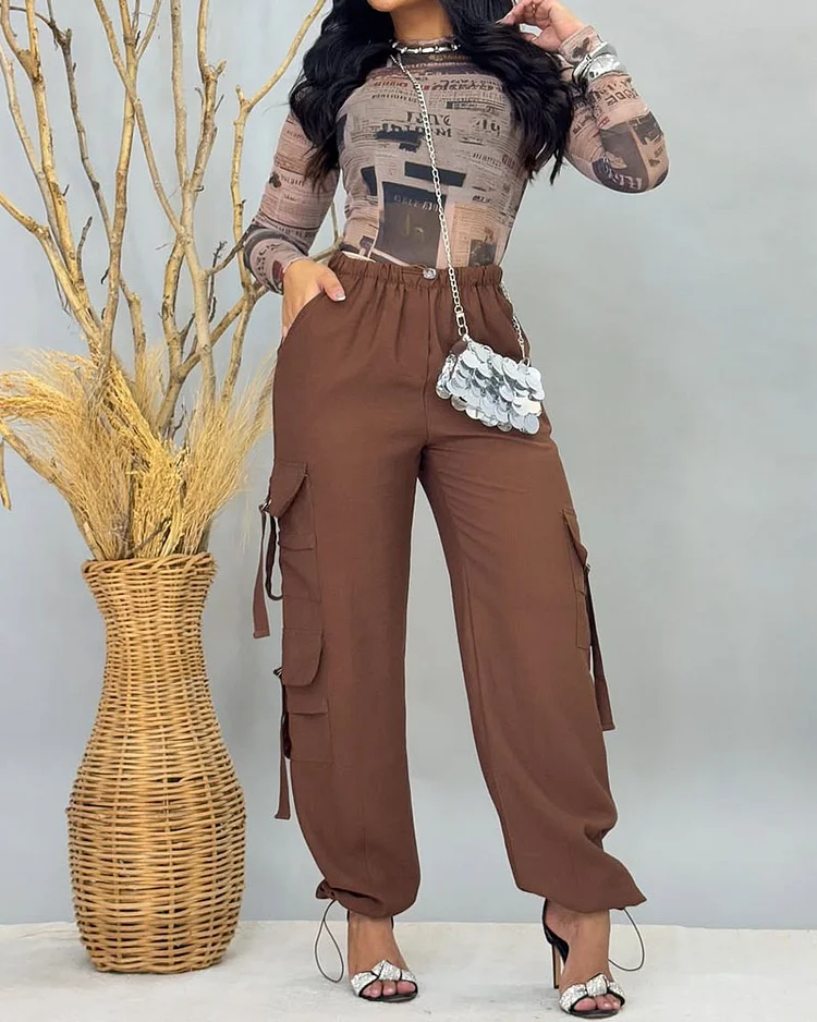 Long-sleeved printed two-piece suit