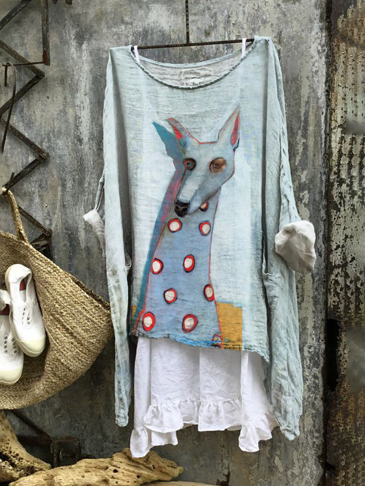 Polka Dot Greyhound Dog Pattern Linen Loose Long Shirt