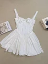 Summer Women Bow A-Line Dress Spaghetti Strap Solid Color Frocks Dress Square Neck Party Tunic Korean Preppy Evening