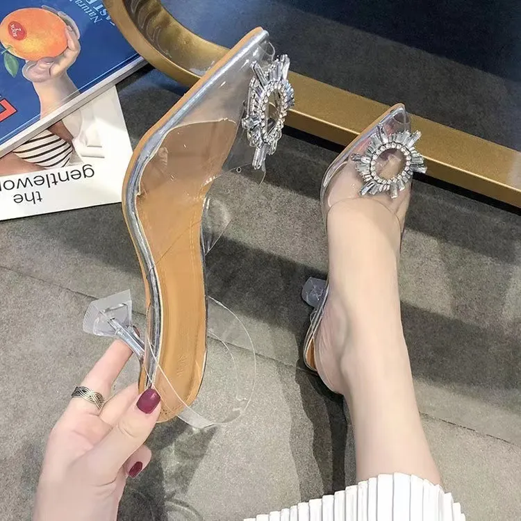 Breakj Breakj Summer New Korean Version Of The Diamond Transparent Crystal Shoes High Heel Sandals Fine Heel Women's Shoes Size 43 Yards