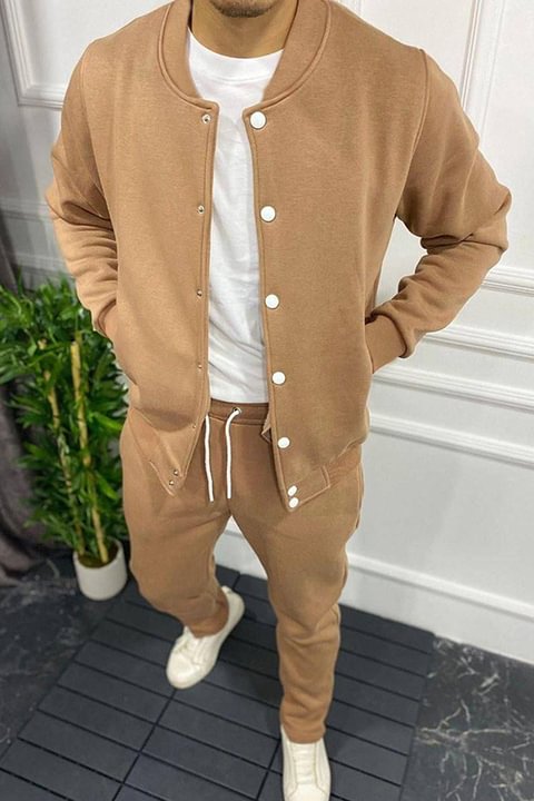 BrosWear Men's Solid Color Casual Standing Collar Jacket And Pants Co-Ord