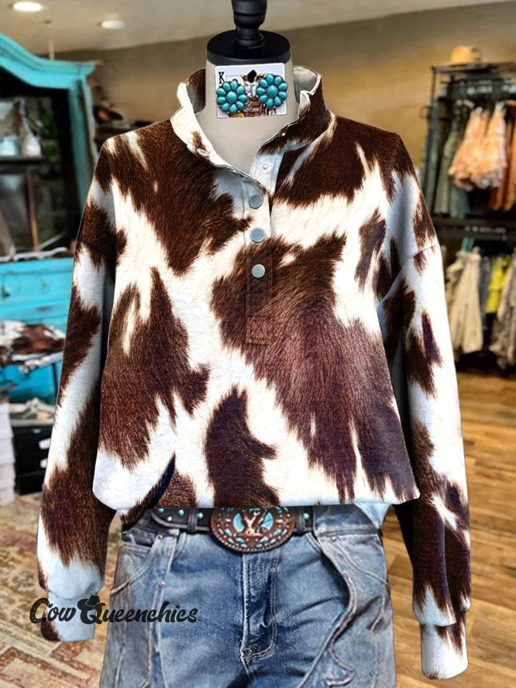 Retro Wild West Cow Pattern Art Print Casual Sweatshirt Multicolor / S