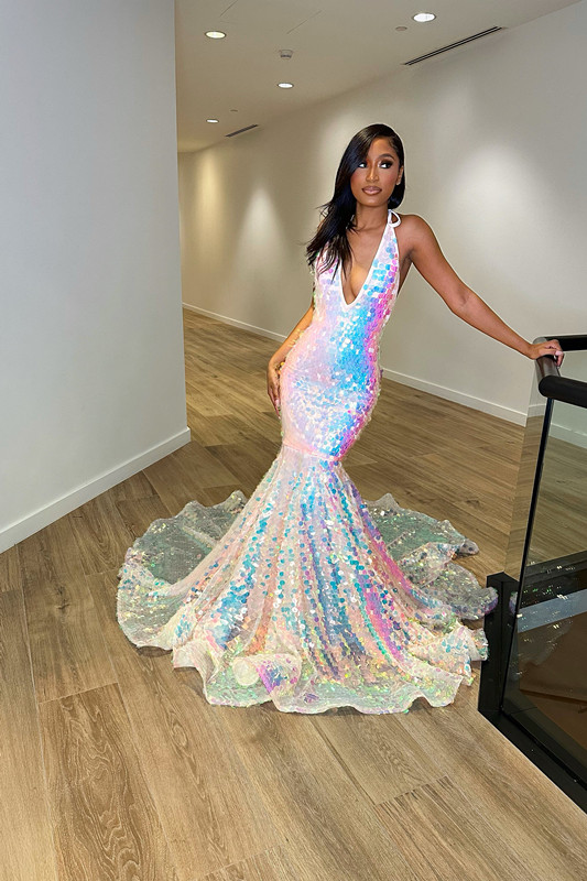 Oknass Sparkly Sequins Halter V Neck Sleeveless Mermaid Long Prom Dress With Tulle