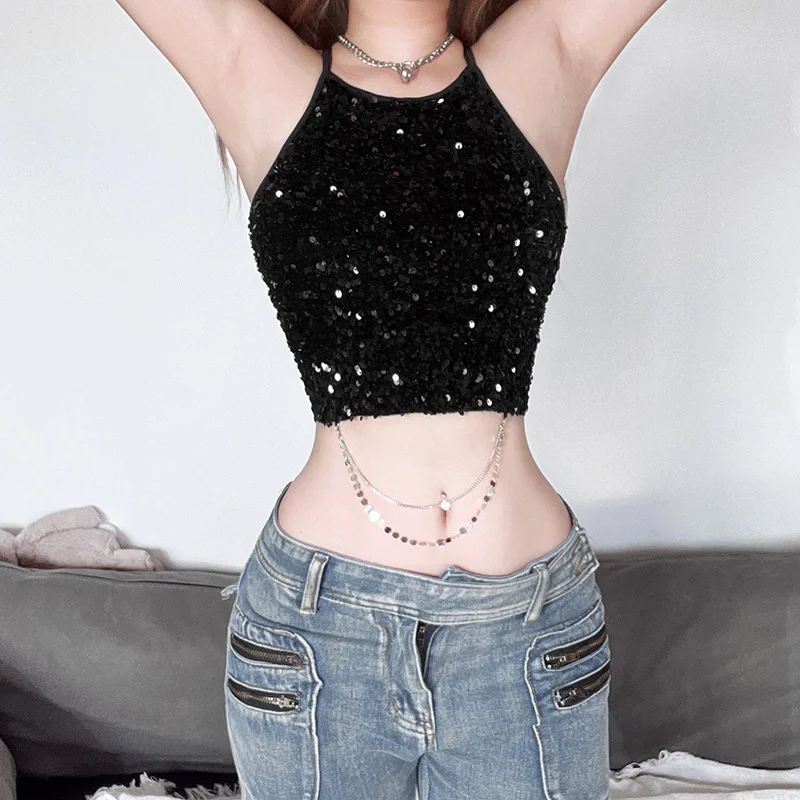 Uveng 2024 Summer New Women's Sexy Hottie Metal Chain Bare Back To Bare Waist Umbilly Vest