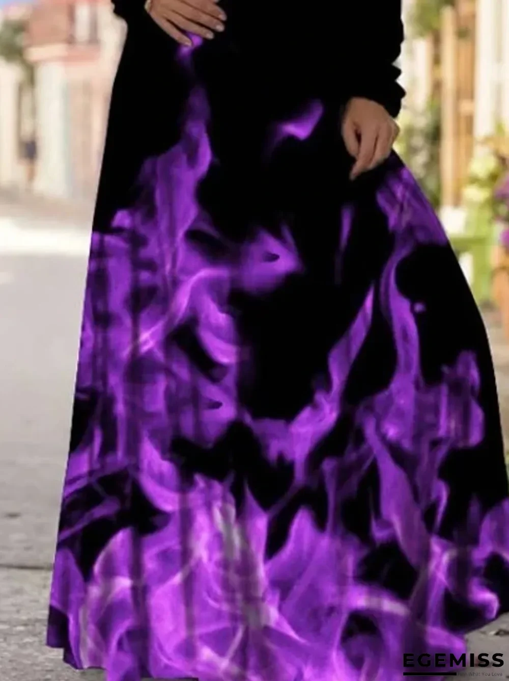 Casual Long Sleeve V-Neck Printed Dress Black Dresses | EGEMISS