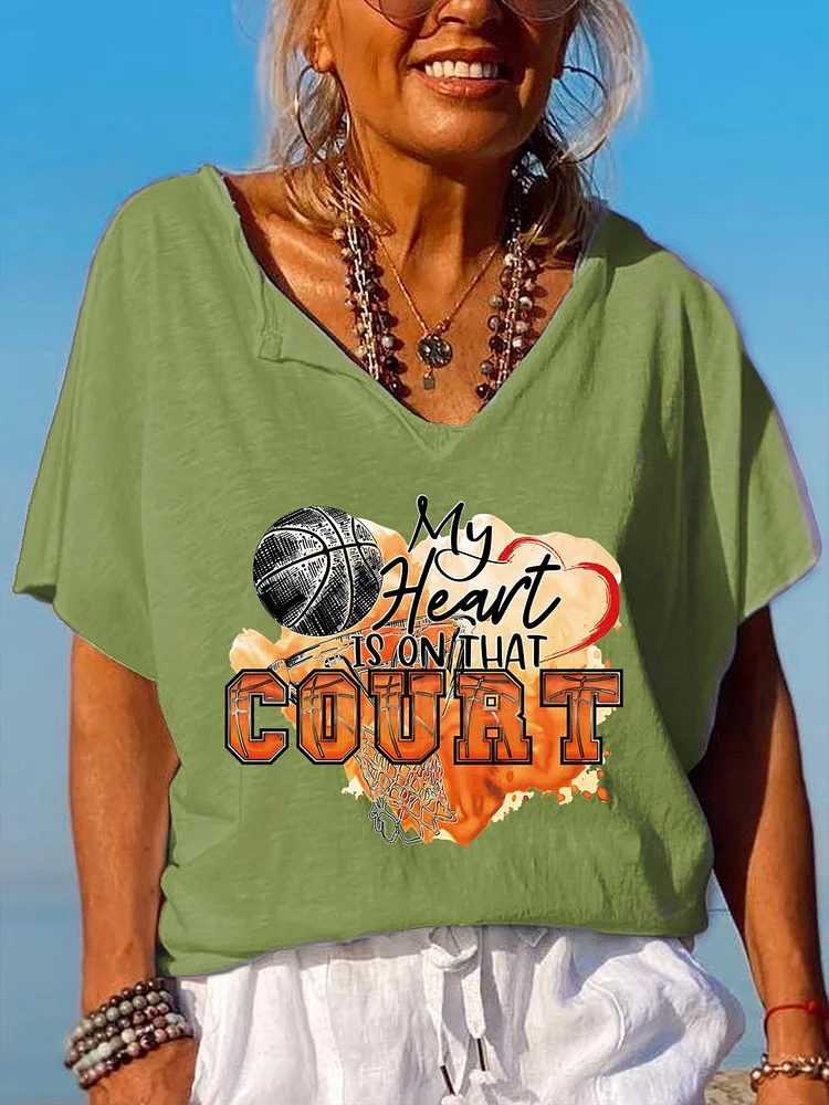 My heart is on that court Basketball V Neck T-shirt-Annaletters