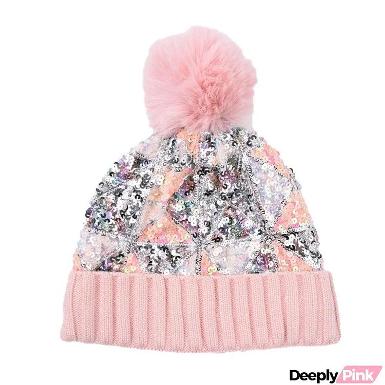 Sequined plush thickened warmth detachable knit hat