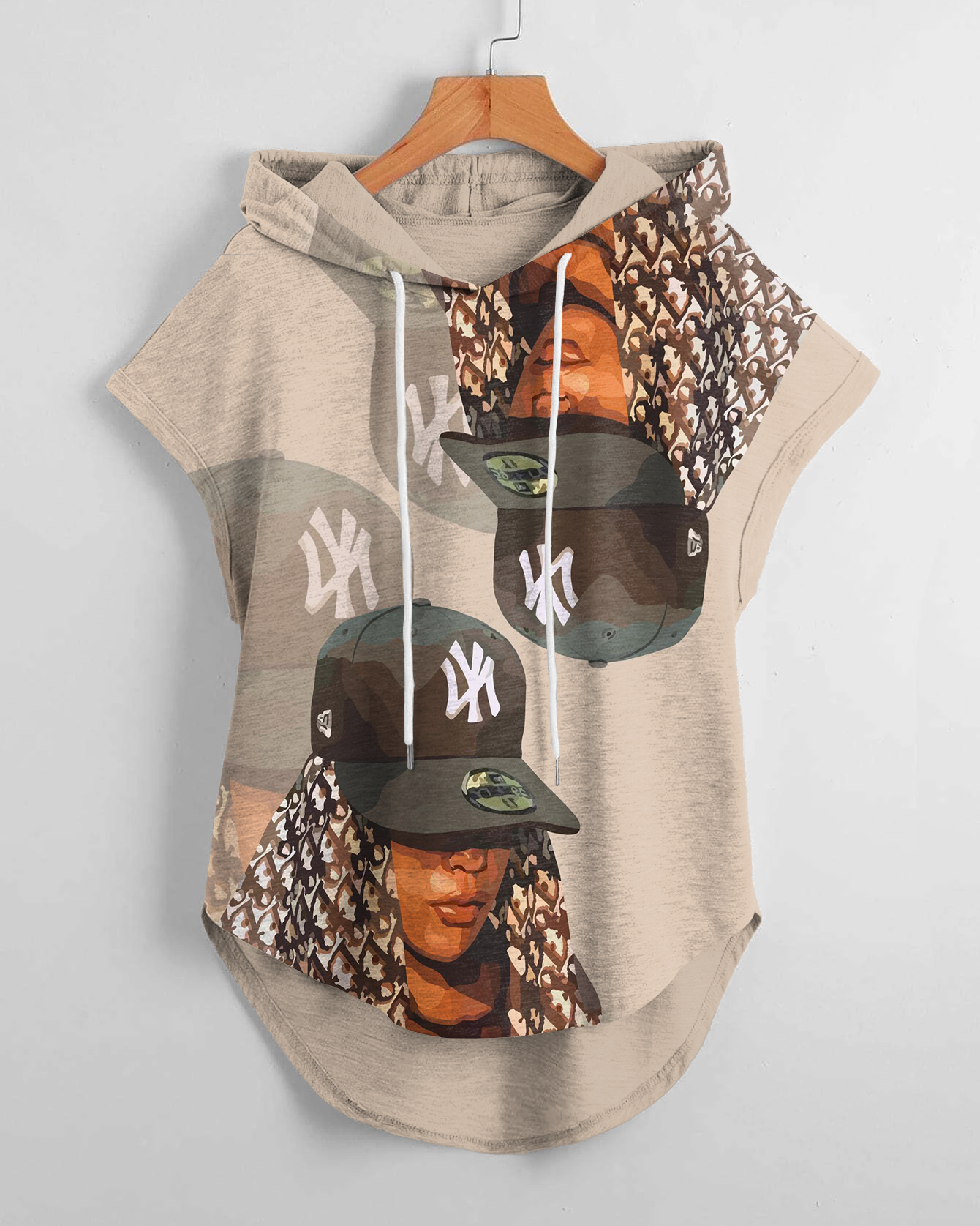 Fashion Artistic Hat People Print Drawstring Hooded Tee
