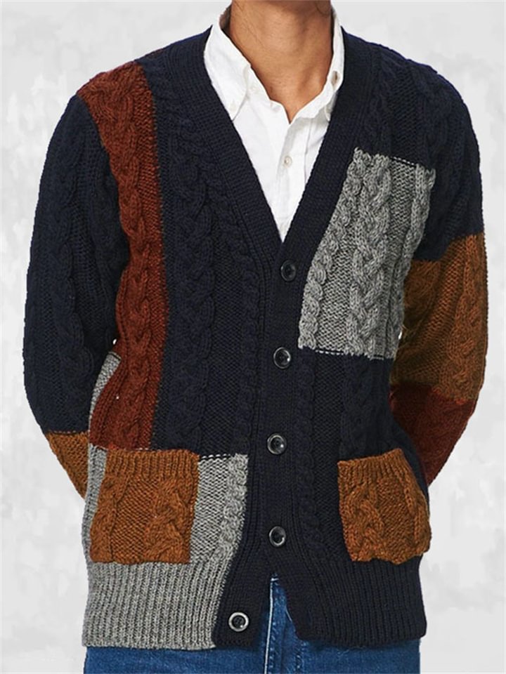 Men's Casual Color Blocking Knitted Cardigan Sweater Coat