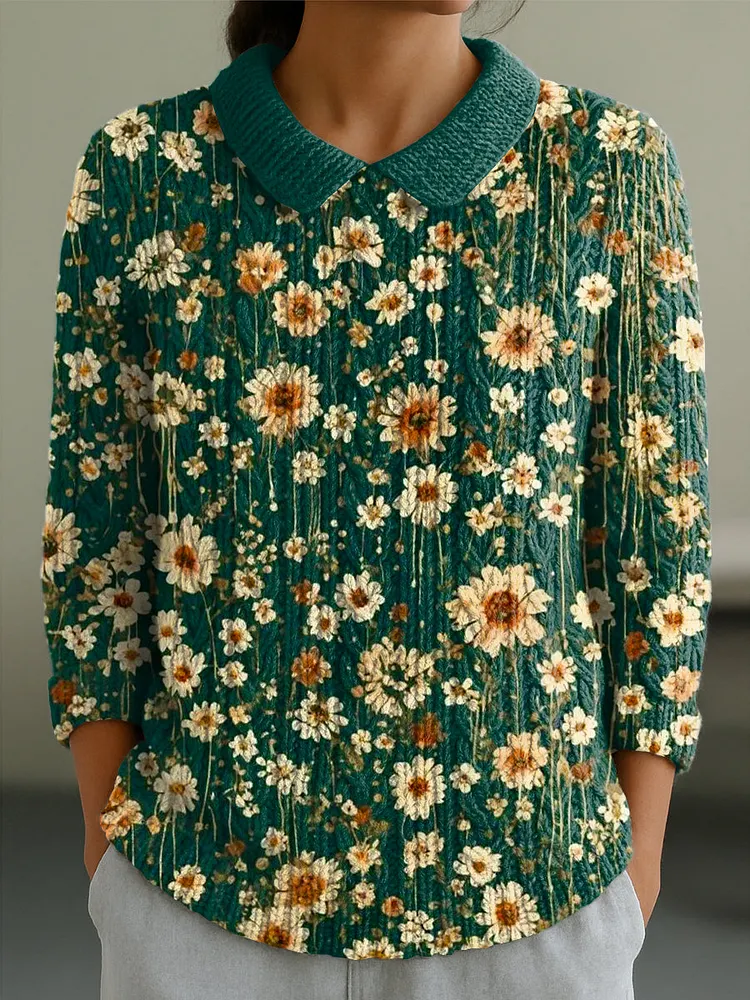 Women's Beautiful Vintage Floral Painting Art Print Casual Peter Pan Collar 3/4 Sleeve Sweater